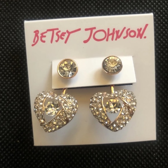 Betsey Johnson Rose Gold Tone Heart Front Back Crystal Encrusted Drop Earrings - Picture 7 of 10